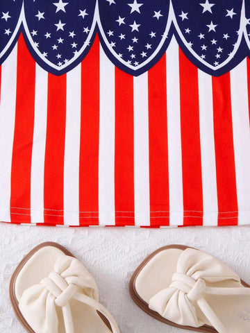 Young Girl Casual Style Star And Stripe Patterned Dress With "I Love America" Slogan, Suitable For Independence Day And Summer