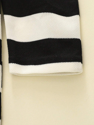 Young Girl Casual Stylish Knitted Black & White Striped Crew Neck Long Sleeve Dress, Autumn