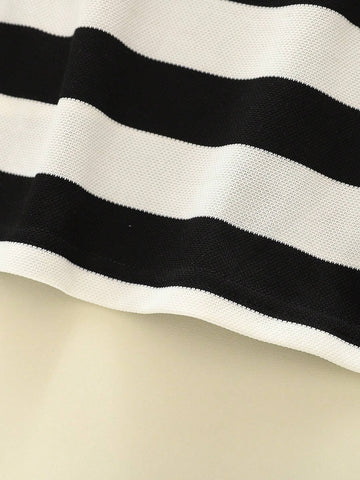 Young Girl Casual Stylish Knitted Black & White Striped Crew Neck Long Sleeve Dress, Autumn