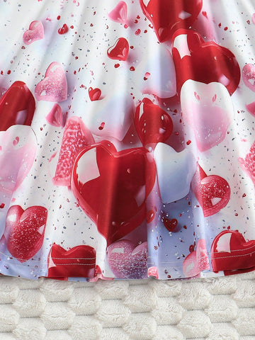 Young Girl' Casual Summer Heart Print Short Sleeve Knee-Length Dress, Sweet Fashionable Style