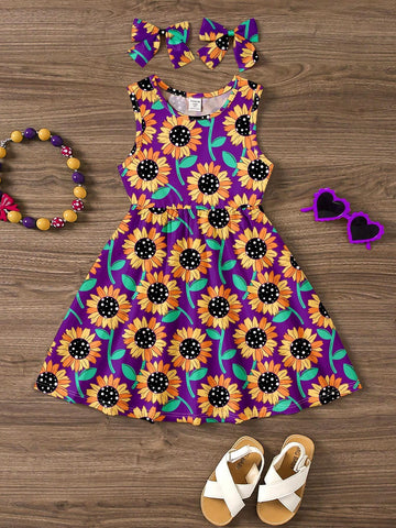 Young Girl Casual Summer Sunflower Floral Pattern Purple Sleeveless Mid-Length Dress, Perfect For Summer