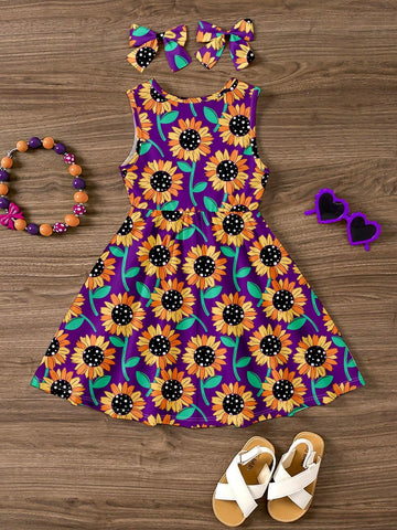 Young Girl Casual Summer Sunflower Floral Pattern Purple Sleeveless Mid-Length Dress, Perfect For Summer
