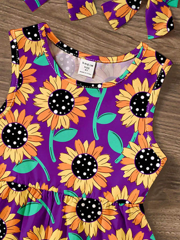 Young Girl Casual Summer Sunflower Floral Pattern Purple Sleeveless Mid-Length Dress, Perfect For Summer