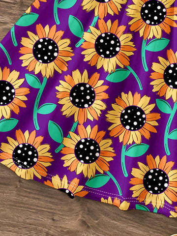 Young Girl Casual Summer Sunflower Floral Pattern Purple Sleeveless Mid-Length Dress, Perfect For Summer