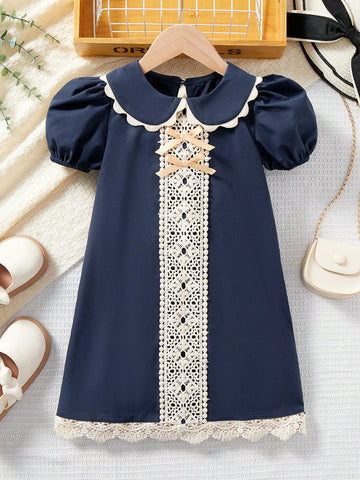 Young Girl Casual Two-Tone Lace Splice Puff Sleeve Dress