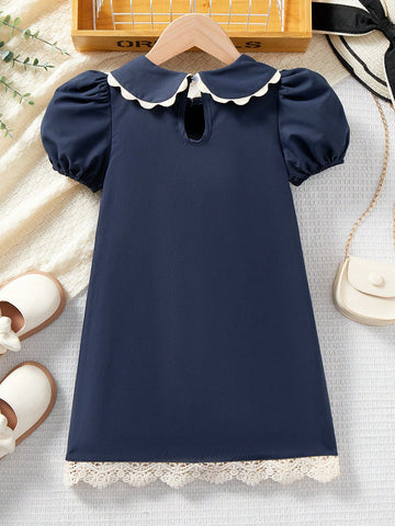 Young Girl Casual Two-Tone Lace Splice Puff Sleeve Dress
