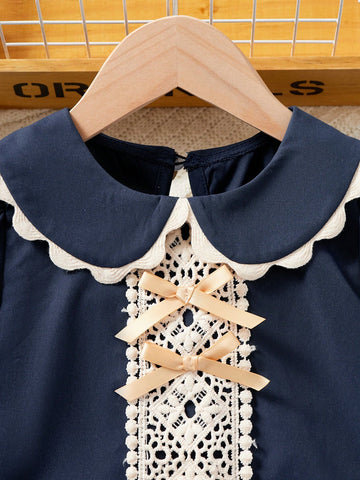 Young Girl Casual Two-Tone Lace Splice Puff Sleeve Dress