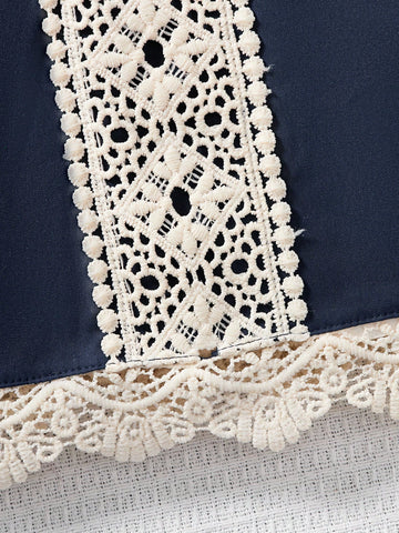 Young Girl Casual Two-Tone Lace Splice Puff Sleeve Dress