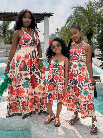 Young Girl Casual Vacation Ditsy Floral Long A-Line Strap Dress, Spring/Summer