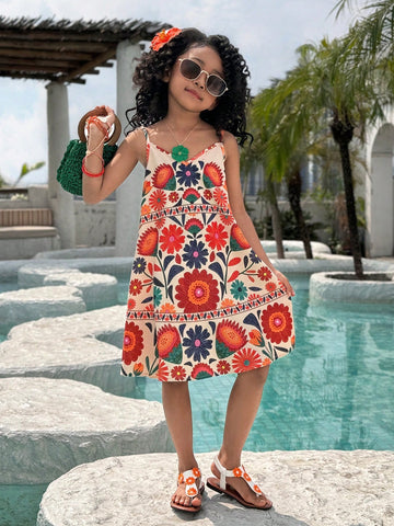 Young Girl Casual Vacation Ditsy Floral Long A-Line Strap Dress, Spring/Summer