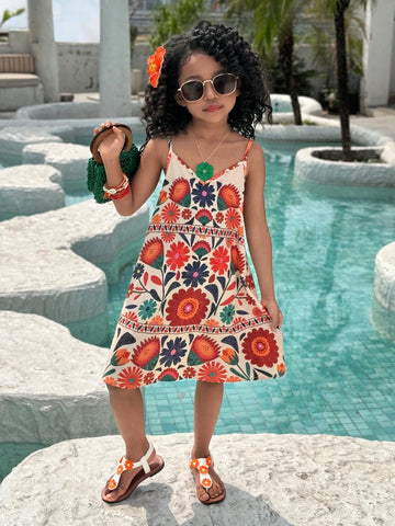 Young Girl Casual Vacation Ditsy Floral Long A-Line Strap Dress, Spring/Summer