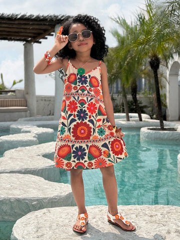 Young Girl Casual Vacation Ditsy Floral Long A-Line Strap Dress, Spring/Summer