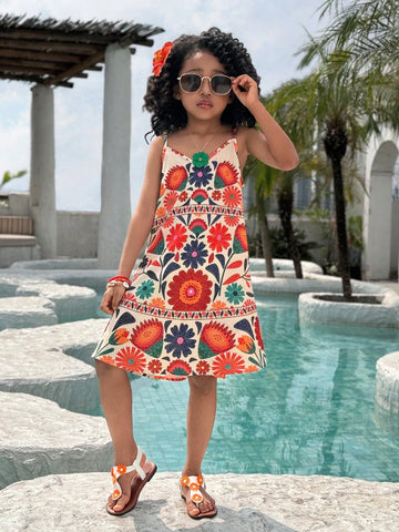 Young Girl Casual Vacation Ditsy Floral Long A-Line Strap Dress, Spring/Summer