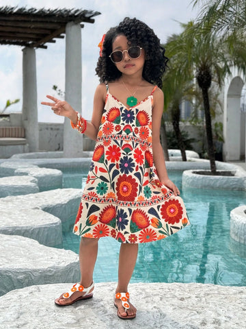 Young Girl Casual Vacation Ditsy Floral Long A-Line Strap Dress, Spring/Summer
