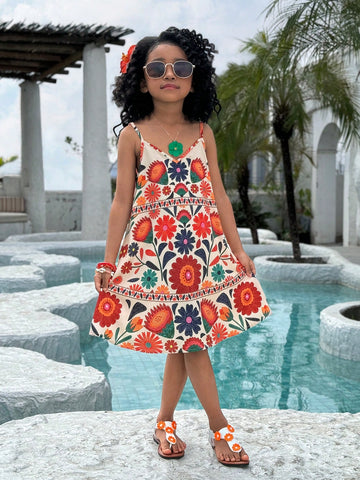 Young Girl Casual Vacation Ditsy Floral Long A-Line Strap Dress, Spring/Summer