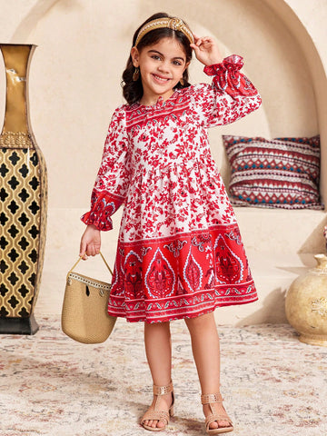 Young Girl Casual Vacation Retro Paisley Ditsy Floral Loose Crew Neck Midi Dress