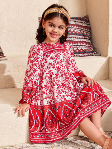Young Girl Casual Vacation Retro Paisley Ditsy Floral Loose Crew Neck Midi Dress