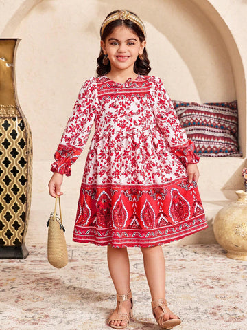 Young Girl Casual Vacation Retro Paisley Ditsy Floral Loose Crew Neck Midi Dress