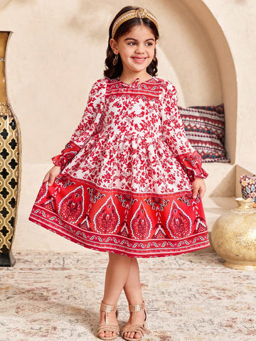 Young Girl Casual Vacation Retro Paisley Ditsy Floral Loose Crew Neck Midi Dress