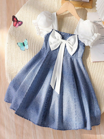 Young Girl Casual Vacation Soft Cute Bow Patchwork Denim Print Dress