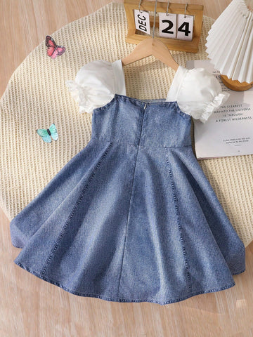 Young Girl Casual Vacation Soft Cute Bow Patchwork Denim Print Dress