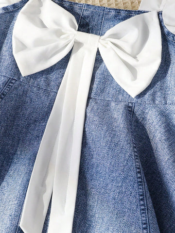 Young Girl Casual Vacation Soft Cute Bow Patchwork Denim Print Dress