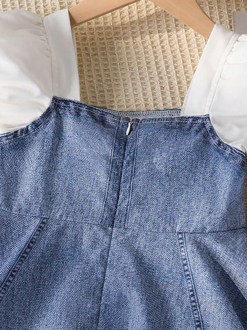 Young Girl Casual Vacation Soft Cute Bow Patchwork Denim Print Dress