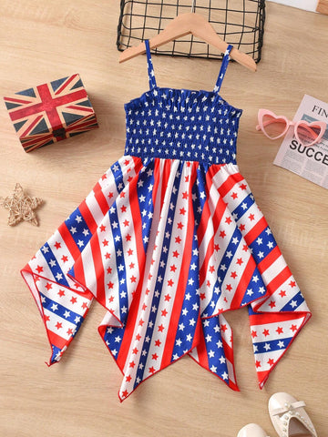 Young Girl Casual Vacation Spaghetti Strap Colorblock Five-Pointed Star Design Irregular Hem Dress, Summer