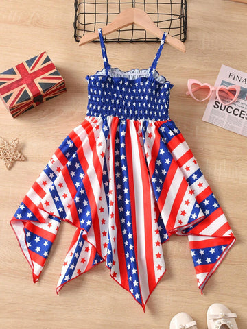 Young Girl Casual Vacation Spaghetti Strap Colorblock Five-Pointed Star Design Irregular Hem Dress, Summer