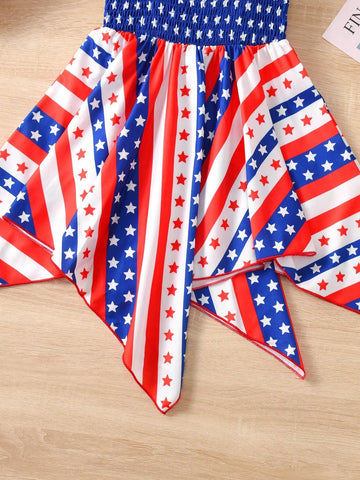 Young Girl Casual Vacation Spaghetti Strap Colorblock Five-Pointed Star Design Irregular Hem Dress, Summer