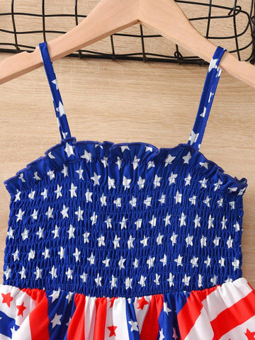 Young Girl Casual Vacation Spaghetti Strap Colorblock Five-Pointed Star Design Irregular Hem Dress, Summer