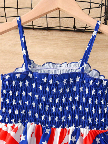 Young Girl Casual Vacation Spaghetti Strap Colorblock Five-Pointed Star Design Irregular Hem Dress, Summer