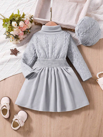 Young Girl Casual White Knitting High Collar Elastic Waist Dress, Soft & Warm, Suitable For Everyday & Formal Occasions, Autumn/Winter