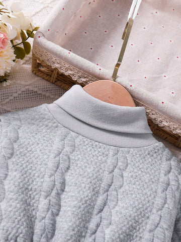 Young Girl Casual White Knitting High Collar Elastic Waist Dress, Soft & Warm, Suitable For Everyday & Formal Occasions, Autumn/Winter