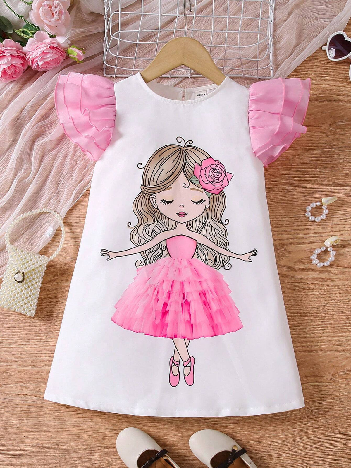 Young Girl Casual White Portrait Dancing Girl Print Mesh Cap Sleeve Dress