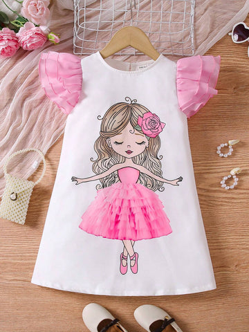 Young Girl Casual White Portrait Dancing Girl Print Mesh Cap Sleeve Dress