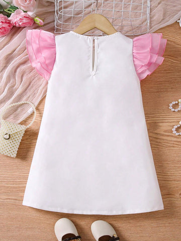 Young Girl Casual White Portrait Dancing Girl Print Mesh Cap Sleeve Dress