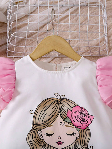Young Girl Casual White Portrait Dancing Girl Print Mesh Cap Sleeve Dress