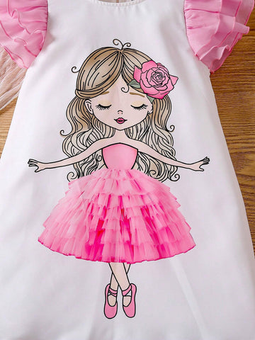 Young Girl Casual White Portrait Dancing Girl Print Mesh Cap Sleeve Dress