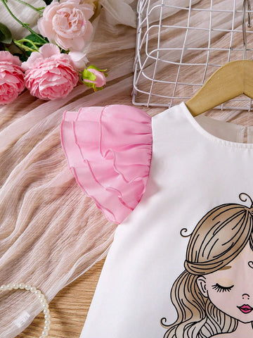 Young Girl Casual White Portrait Dancing Girl Print Mesh Cap Sleeve Dress