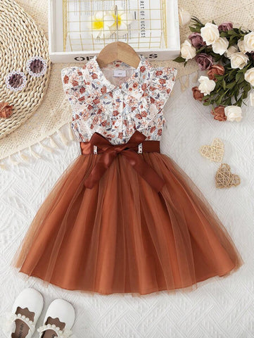 Young Girl Casual Woven Floral Allover Print Buttoned Polo Collar Tie Waist Mesh Lining Summer Dress