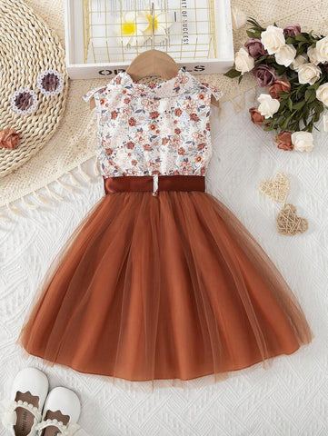 Young Girl Casual Woven Floral Allover Print Buttoned Polo Collar Tie Waist Mesh Lining Summer Dress