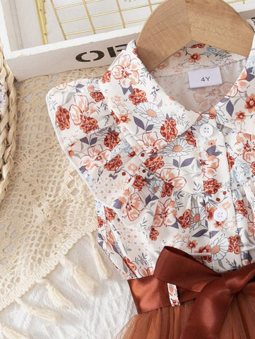Young Girl Casual Woven Floral Allover Print Buttoned Polo Collar Tie Waist Mesh Lining Summer Dress