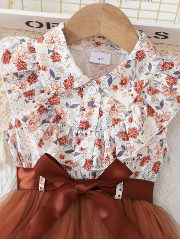 Young Girl Casual Woven Floral Allover Print Buttoned Polo Collar Tie Waist Mesh Lining Summer Dress