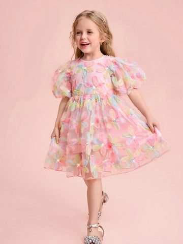 Young Girl Charming Elegant Floral Print Mesh Short Sleeve Dress, Summer