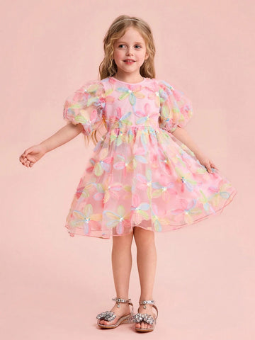 Young Girl Charming Elegant Floral Print Mesh Short Sleeve Dress, Summer