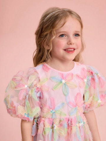 Young Girl Charming Elegant Floral Print Mesh Short Sleeve Dress, Summer