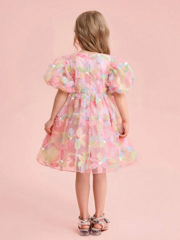 Young Girl Charming Elegant Floral Print Mesh Short Sleeve Dress, Summer