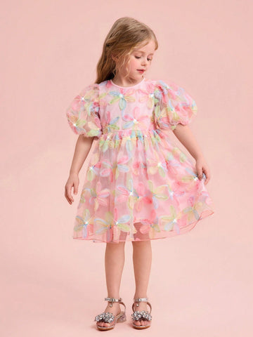 Young Girl Charming Elegant Floral Print Mesh Short Sleeve Dress, Summer