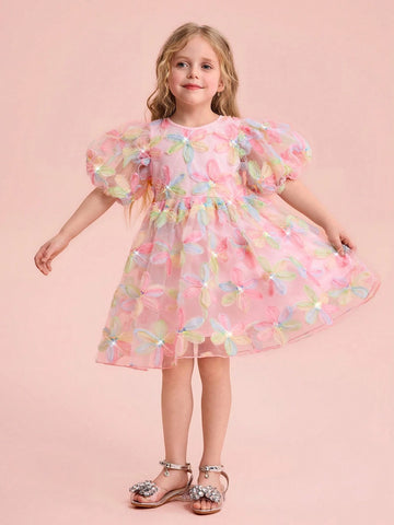Young Girl Charming Elegant Floral Print Mesh Short Sleeve Dress, Summer